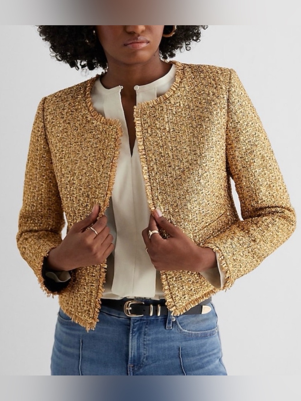 NWT EXPRESS GOLD METALLIC TWEED  OPEN FRONT JACKET SIZE L